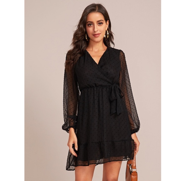 Swiss Dot Black Mini Sheer Dress Tie Side - Picture 2 of 8